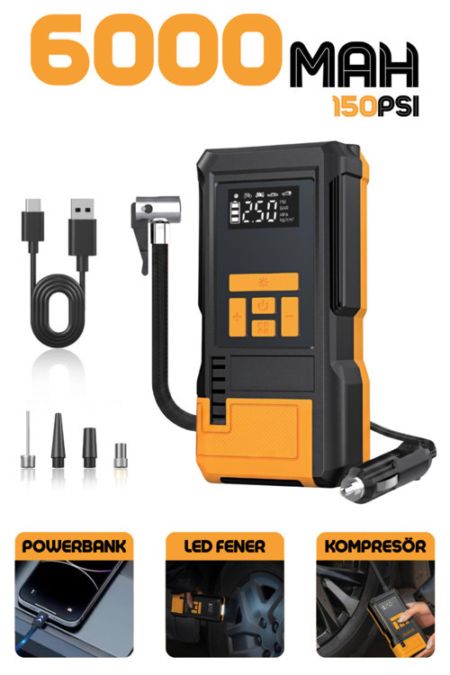 6000Mah Taşınabilir Hava Pompası Auhma 150 Psı Dijital Kompresör, 12V Çakmaklık Aparatlı Ve Şarjlı Kablosuz Lastik Şişirme Pompası (Araç, Motosiklet, Bisiklet)