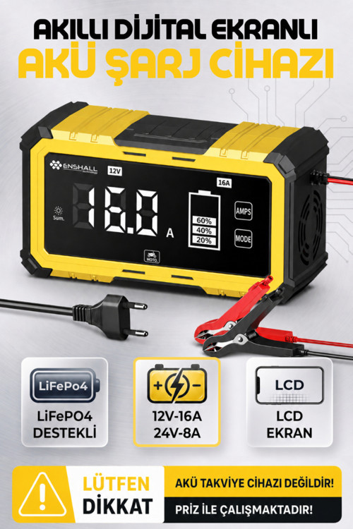 12V-16A / 24V-8A Araba, Kamyon, Tır, Gemi Motosiklet Lıfep04 Özellikli Akıllı Hızlı Akü Şarj Cihazı