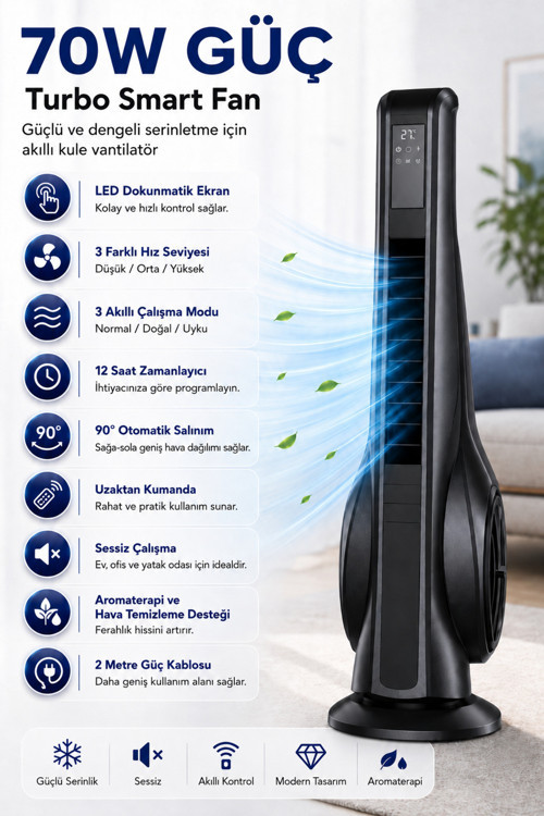 Turbo Smart Akıllı Fan Auhma Led Ekranlı Kumandalı 90° Hareketli Serinletici Soğutucu Kule Tipi Vantilatör