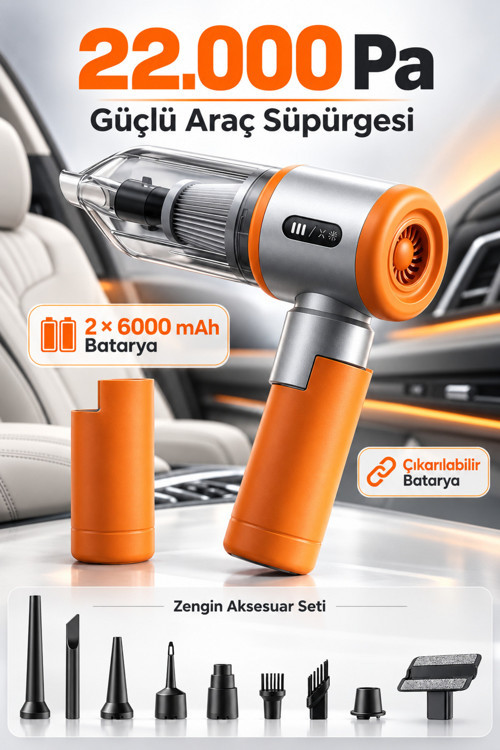 22.000Pa Gulony Çift Bataryalı 12.000Mah Şarjlı 3 Kademeli Ultra Güçlü Fırçasız Motor Araç Süpürgesi