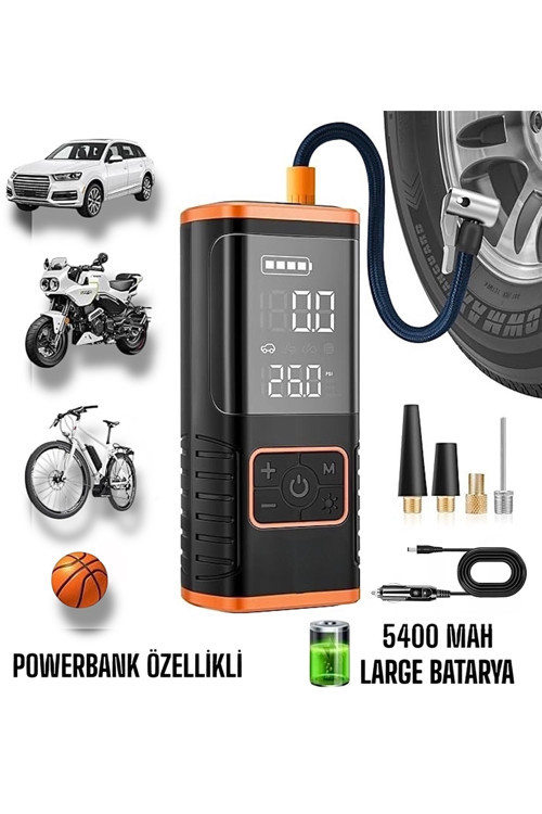Hava Kompresörü 5400 Mah 4In1 Şarjlı Taşınabilir Araç Lastik Top Şişirme Pompası Oto