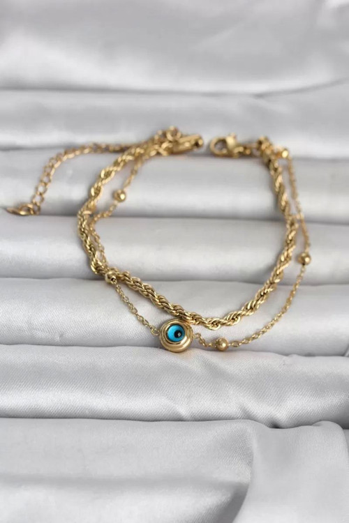 316L Çelik Gold Renk Burgu Zincir ve Nazarlı Kadın Bileklik - TJ-BB8389