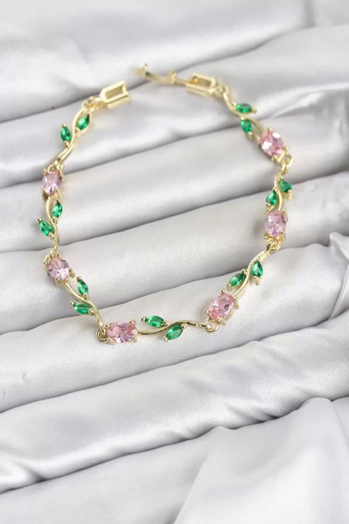Pirinç Gold Renk Pembe Zirkon Taşlı Çiçek Model Kadın Bileklik TJ-BB8589