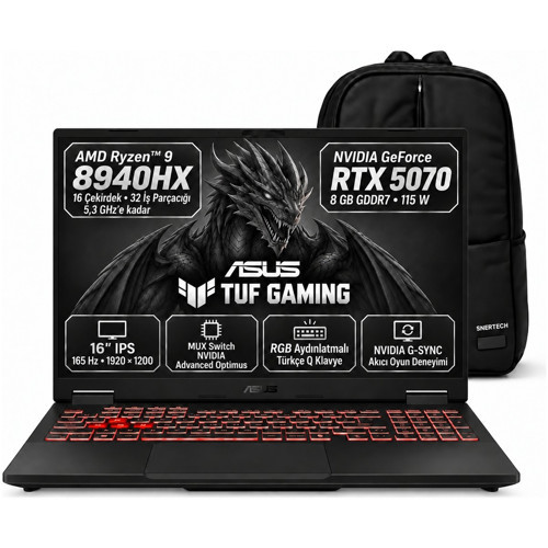 Tuf Gaming A16 FA608PP-RV156 S2 Gamıng Amd Ryzen 9 8940HX 16GB 1tb SSD Rtx 5070 8gb 115W 16" Windows 11 Pro + Snertech Ç