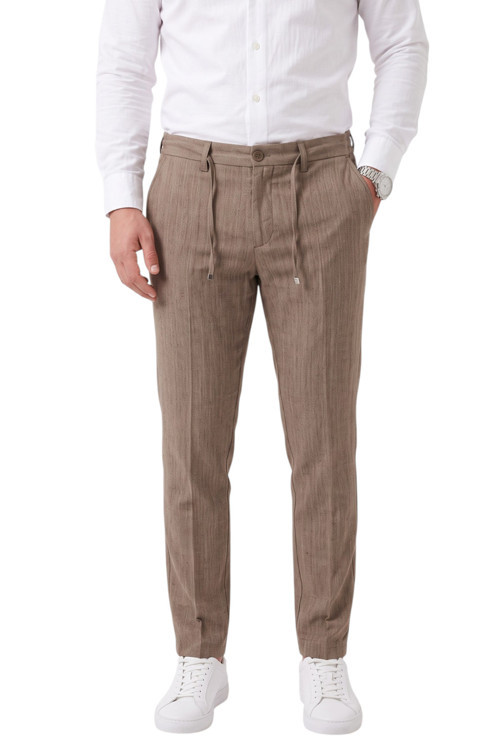 Erkek Slim Fit Kırçıllı Açık Kahve Kumaş Pantolon – İpli Esnek Bel Likralı Spor Şık Pantolon 2700252
