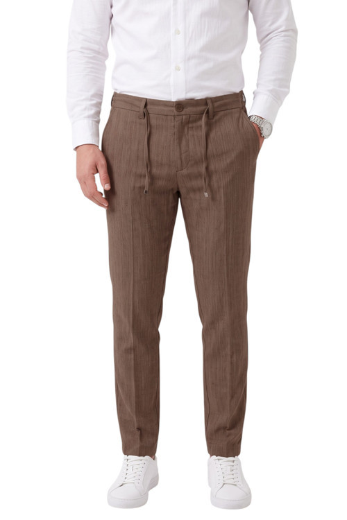 Erkek Slim Fit Kırçıllı Kahve Kumaş Pantolon – İpli Esnek Bel Likralı Spor Şık Pantolon 2700252