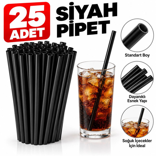 Siyah Pipet 25 Adet – Plastik Pipet – İçecek Pipeti – Kokteyl ve Soğuk İçecekler İçin
