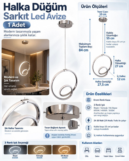 Halka Düğüm Sarkıt Led Avize KROM Kasa 30w 220 Volt Üç Renk 6500k/4000k/3000k (Beyaz /Ilık Beyaz