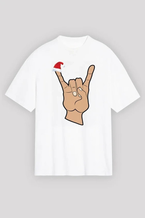 Yılbaşı Noel Başlıklı Serçe Parmak Baskılı Oversize Bisiklet Yaka Tshirt