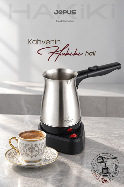 Paslanmaz Çelik Hazneli 8 Fincan 600 ml Elektrikli Cezve Kablosuz Türk Kahvesi Makinesi Standlı Katlanır Saplı Kulplu