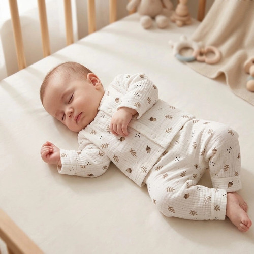 Gece Terletmeyen Çıtçıtlı %100 Pamuk Bebek Pijama Takımı – Kolay Giyilen Palamut Desenli Peny