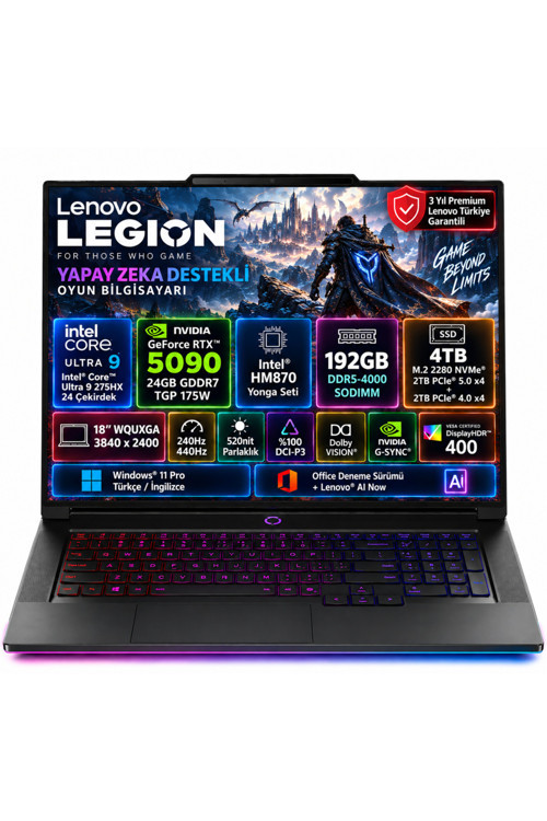Legion 9 18IAX10 Intel Core Ultra 9 275HX 192GB 2TB SSD RTX 5090 24GB (175W) 18" WQUXGA (3840x2400) IPS 240Hz / 440Hz Windows 11 Pro Taşınabilir Bilgisayar 83EY008NTR