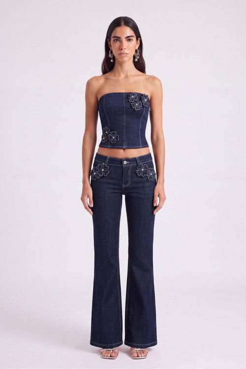 Çiçek Detaylı Düşük Bel Flare Clover Jean Pantolon Lacivert