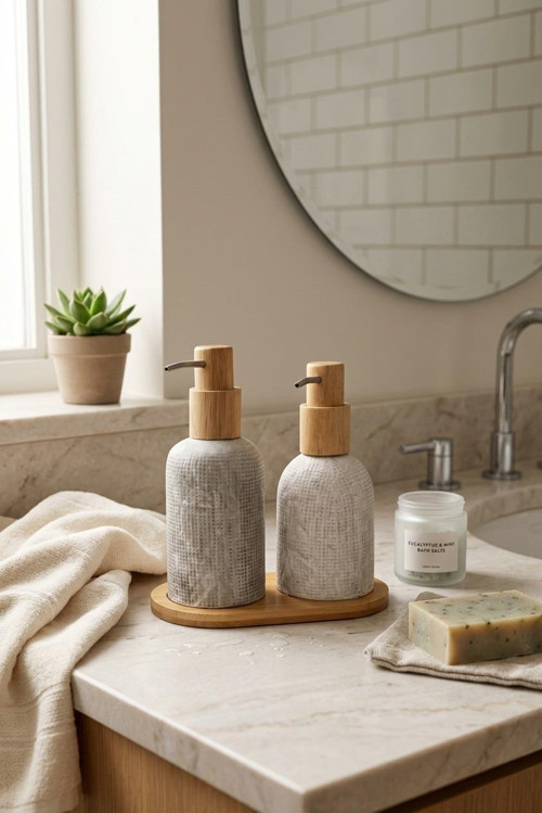 Bambu Detaylı Porselen 2 li Sıvı Sabunluk Seti | Çelik Uçlu Bambu Pompa & Stantlı Banyo/Mutfak Seti