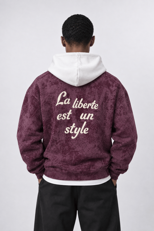 Erkek Liberte Yazı Detaylı Yıkamalı Oversize Zip Bordo