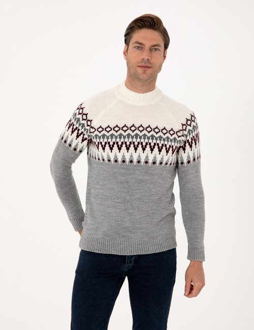 Açık Gri Melanj Slim Fit Çeyrek Yaka Triko Kazak 50315740-VR091