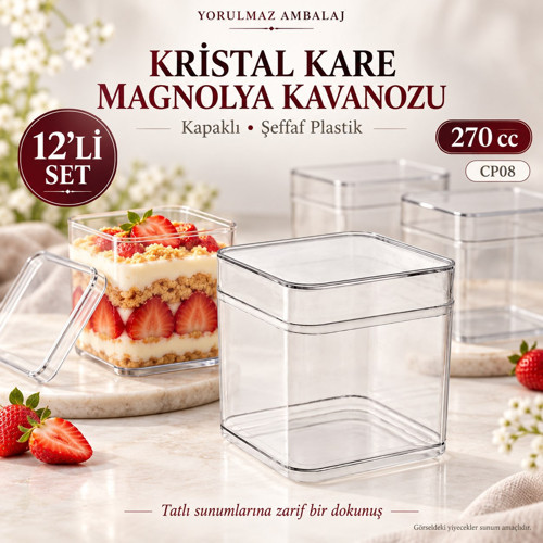 Kristal Kare Magnolya Kavanozu 270 cc Kapaklı 12’li – CP08 Şeffaf Plastik Tatlı ve Puding Sunum Kabı