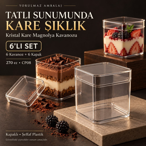 Kristal Kare Magnolya Kavanozu 270 Cc Kapaklı 6’lı – Cp08 Şeffaf Plastik Tatlı Ve Puding Sunum Kabı
