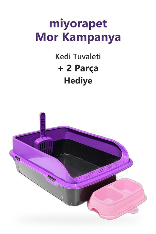 Mor Kampanya Açık Kedi Tuvaleti - Kürek - Çift Mama Kabı Hediyeli