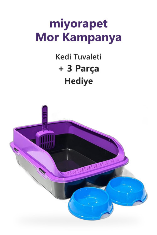Mor Kampanya Açık Kedi Tuvaleti - Kürek - 2 Mama Kabı Hediyeli