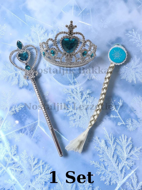 1 Adet Yeni Karlar Ülkesi Frozen Elsa Prenses Model Çocuk Örgü Çıtçıt Saç Toka-Taç-Asa 3'Lü Hediye Set Mavi