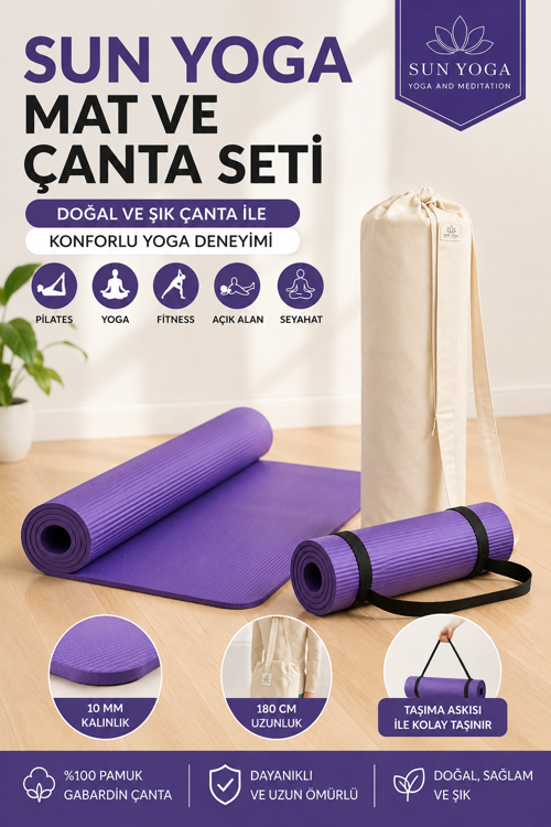 Yoga Seti 10 mm Kaymaz Mat ve %100 Pamuk Çanta