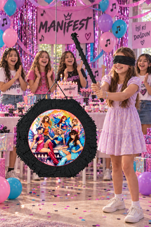 Manifest Kız Grubu Siyah Pinyata 42 cm Sopalı Manifam Temalı Doğum Günü Parti Oyunu ve Süsü