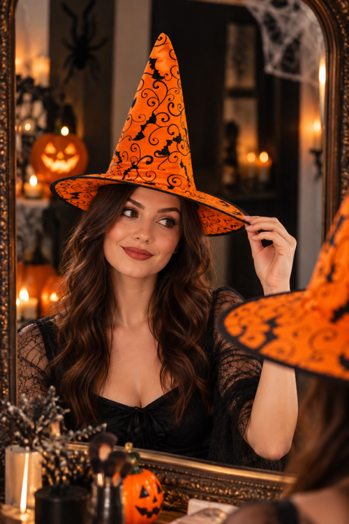 Halloween Turuncu Dev Yarasa Desenli Cadı Şapkası Siyah Motifli Cadılar Bayramı Kostüm Aksesuarı