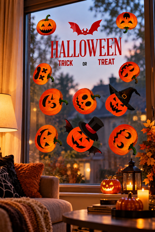 Halloween Balkabağı Desenli Cam Sticker Cadılar Bayramı Pencere Vitrin Parti Dekorasyon Süsü