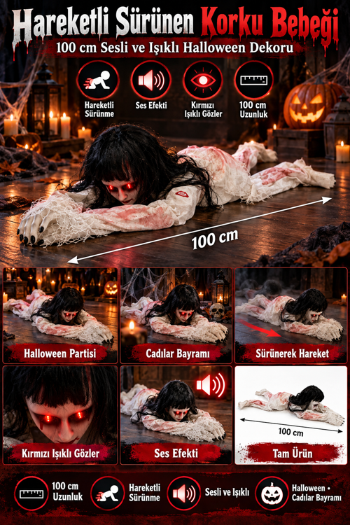 Halloween 100 cm Hareketli Sürünen Korku Bebeği Sesli Kırmızı Işıklı Gözlü Cadılar Bayramı Süsü