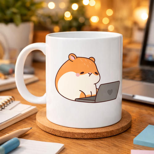 Laptoplu Hamster Desenli Porselen Kupa MODEL 112 – Sevimli Çalışkan Hamster Tasarımlı Kahve Kupası , Ofis & Ev İçin Tatlı Hediye