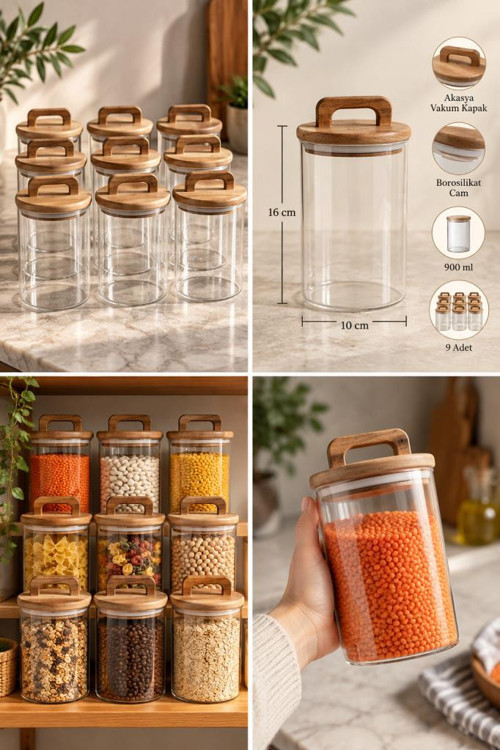 9'lu Kulplu Akasya Kapaklı Borosilikat Cam Kavanoz Seti 900 ml - Vakumlu Erzak Bakliyat Kabı