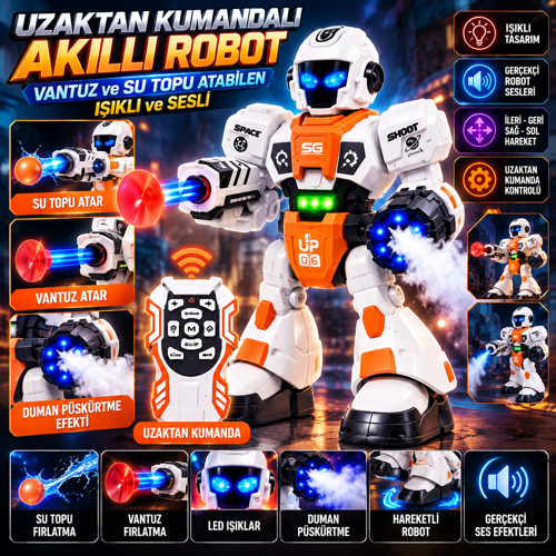 Uzaktan Kumandalı Akıllı Robot – Vantuz ve Su Topu Atabilen Sesli Işıklı Robot Oyuncak