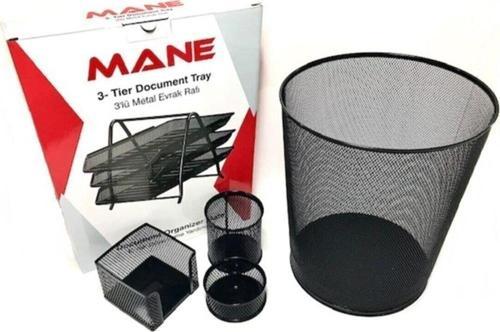 Office Masa Seti-kalemlik,notluk,ataçlık 23cm Çöp Kovası, 3'lü Evrak Rafı Siyah