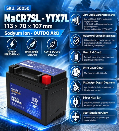 12V 7 AMPER YÜKSEK SODYUM ION MOTOSİKLET AKÜSÜ (EBATLAR: 113*70*107 mm)