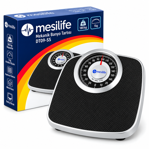 Mesilife DT09-SS Mekanik Banyo Baskülü 180 kg Kapasiteli 1 kg Hassasiyetli Kaymaz Platform Metal Kasa