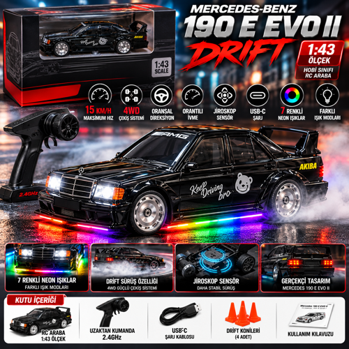 Mercedes 190 E Evo II Drift 1:43 Hobi Sınıfı Uzaktan Kumandalı RC Araba 15 KM/H 4WD Neon Işıklı