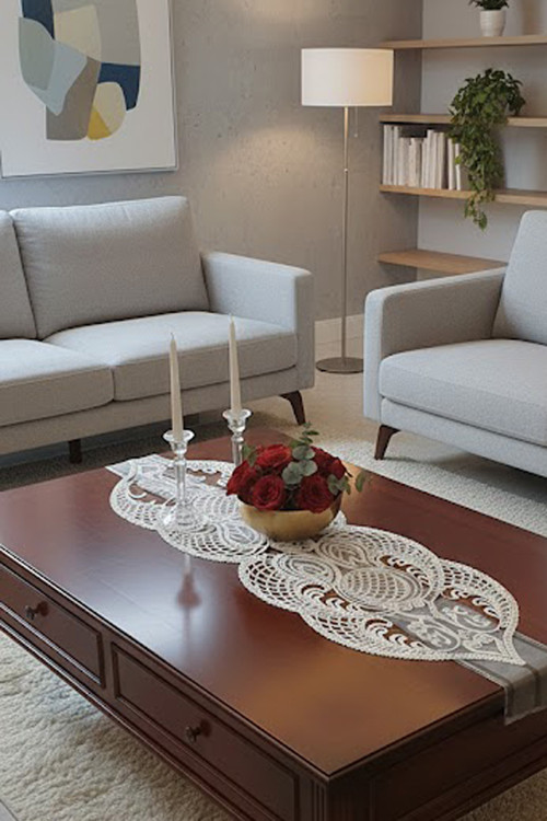 Fransız Dantel Detaylı Tek Runner, Masa Üzerine Runner, Masa Örtüsü Runneri