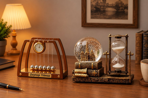 Kişiye Özel İsim Yazılı Ahşap Newton’s Cradle Masa Saati & Nostaljik Kar Küresi Kum Saati Dekoratif
