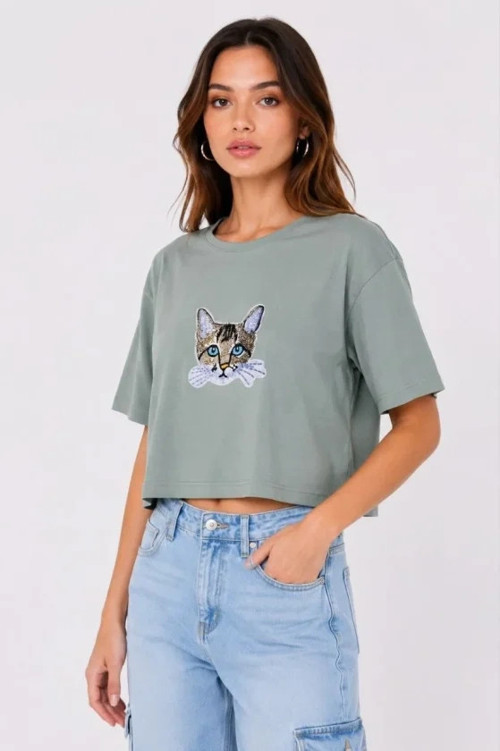 Kedi Baskılı Oversize Crop Tişört Salaş Basic Yarım Kol Tshirt