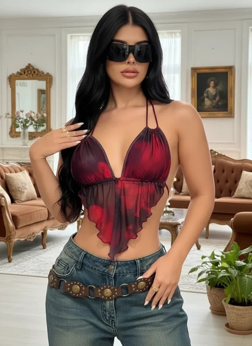 Kadın Kırmızı Siyah Crop Bluz Askılı Önden Bağlamalı Üçgen Kesim Detaylı Şık Kadın Üst Giyim Özel Ta