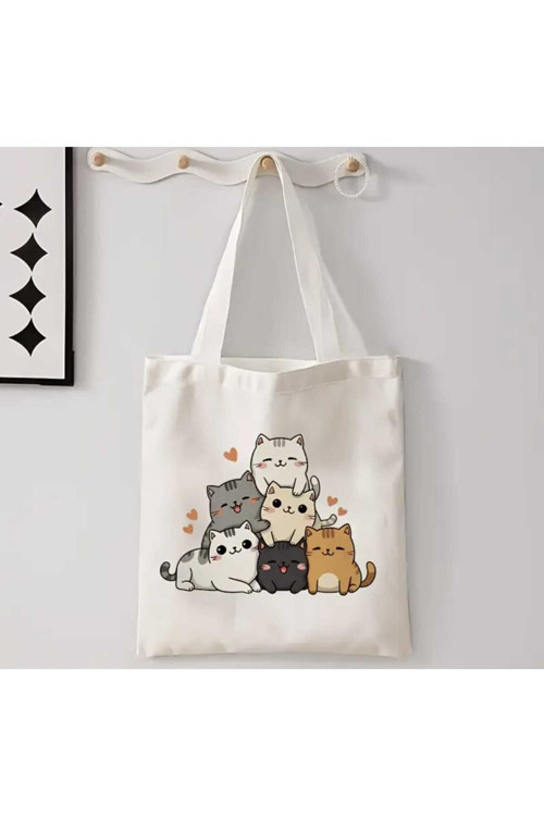 Minik Kediler Baskılı Özel Tasarım 35X40Cm %100 Pamuk Ham Bez Çanta