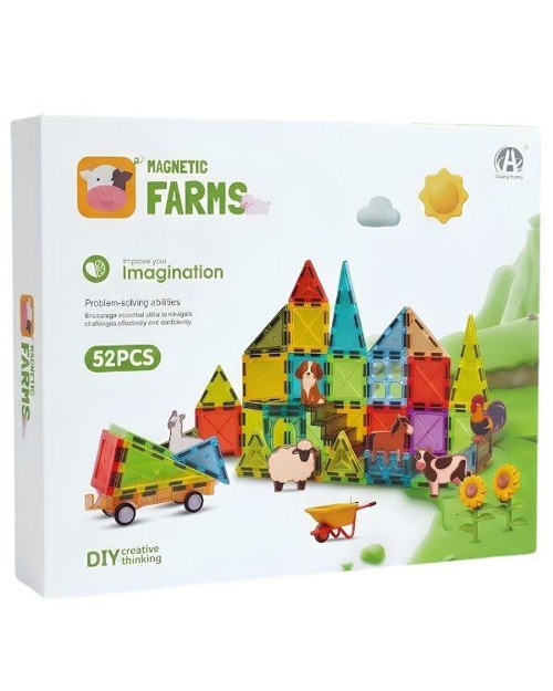 KZL Magnetic Farms Çiftlik Hayvan Figürlü Araçlı Manyetik Yapı Blokları Seti 5.5 cm 52 Parça CH1508