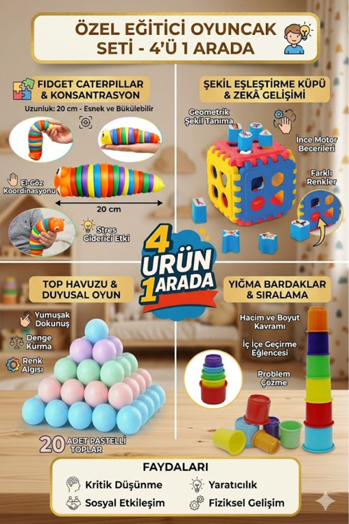 Tırtıl + Bultak 18 Parça +Sevimli Kule 6 + 20 Adet Havuz Topu Hediyemizdir Gelişim Seti 4 Lü