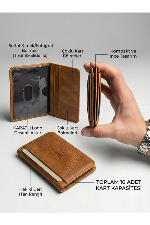 Hakiki Deri Erkek 10 Adet Kart Bölmeli (4 Adet Kalın Pvc İçi Görünen Bölme) Dikişli Kartlık