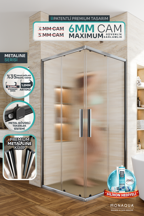 Arteko Metaline Duşakabin Kare Parlak Profil – 6 mm Nervürlü Temperli Cam