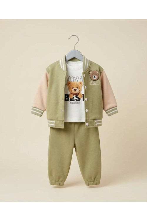 3'Lü Bear Ayı Nakışlı Erkek Bebek Takım Baskılı Body 6,12,18,24 Ay Yeni Doğan Bebek Takımı Ceket+Pantolon +Body