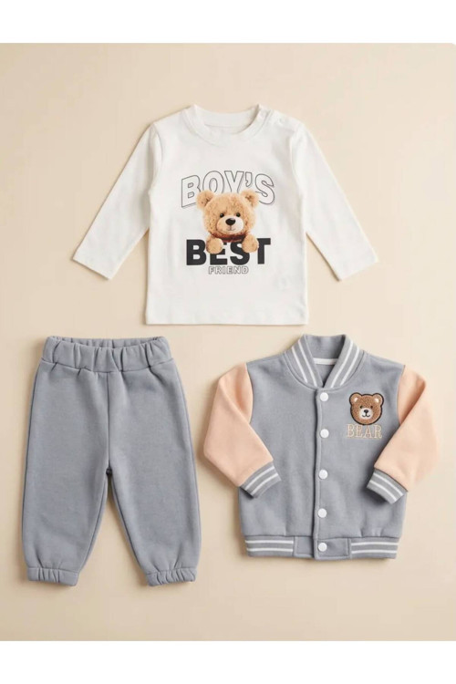 3'Lü Bear Ayı Nakışlı Erkek Bebek Takım Baskılı Body 6,12,18,24 Ay Yeni Doğan Bebek Takımı Ceket+Pantolon +Body
