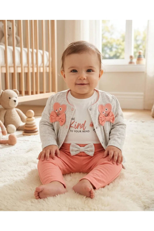 3^Lü Nakışlı Kız Bebek Takım 6 Ay,12 Ay,18 Ay,2Y Kız Bebek Takım 3'Lü Nakışlı Bluz +Baskılı Uzun Kollu Body+ Pantolon Yenidoğan Bebek Takım