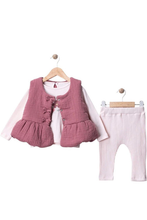 Müslin Yelekli 3'Lü Bebek Takım Fiyonklu Ceket + Çiçek Baskılı Uzun Kollu Body + Beli Lastikli Pijama Yenidoğan Bebek Takım